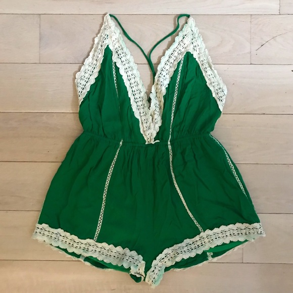 ILLA ILLA Pants - Illa Illa Kelly Green Romper with Cream Lace Edge